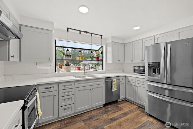 kitchen with appliances with stainless steel finishes, range hood, a sink, and gray cabinetry