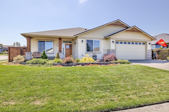 single story home featuring a garage, driveway, fence, and a front yard