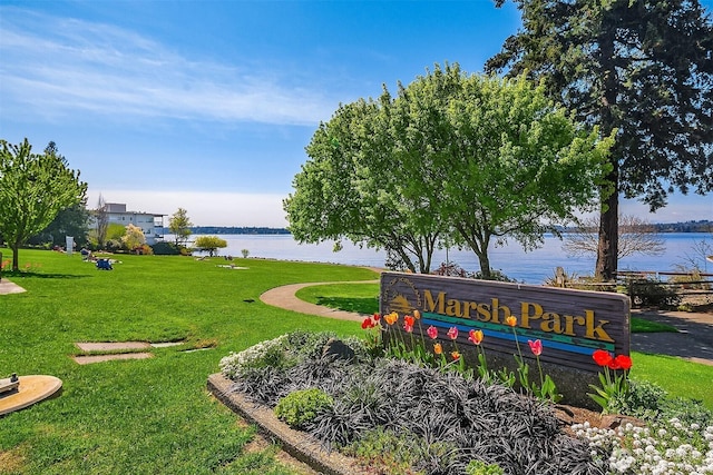 view of community with a lawn and a water view