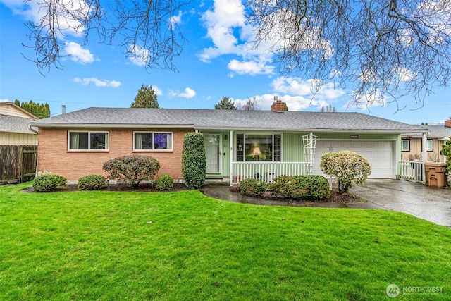 single story home featuring a chimney, covered porch, an attached garage, a front yard, and driveway