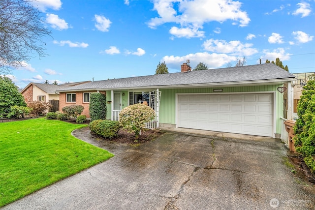 ranch-style house featuring roof with shingles, a chimney, an attached garage, driveway, and a front lawn