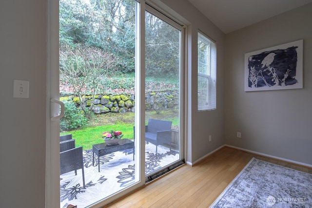 doorway featuring baseboards and wood finished floors