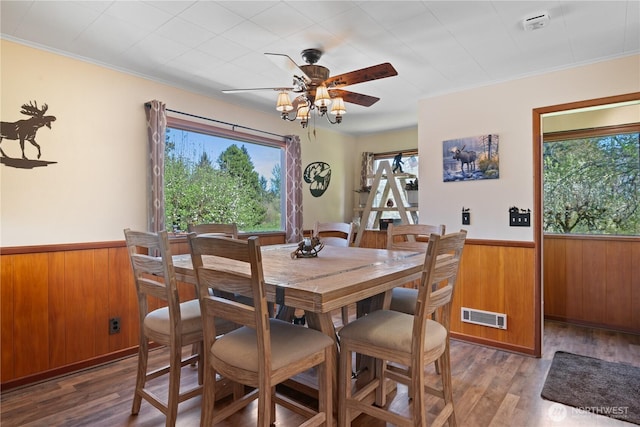 dining space featuring a wainscoted wall, dark wood finished floors, crown molding, visible vents, and wooden walls