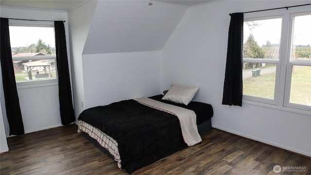 bedroom with lofted ceiling and dark wood finished floors