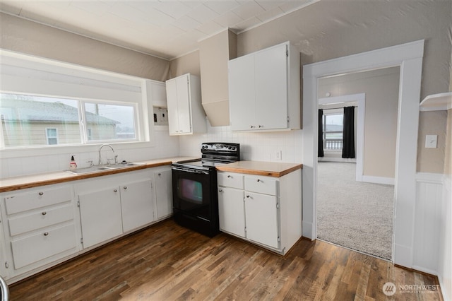 kitchen with decorative backsplash, white cabinets, black electric range oven, light countertops, and a sink