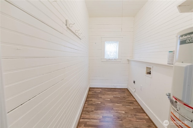 washroom with laundry area, washer hookup, water heater, dark wood finished floors, and electric dryer hookup