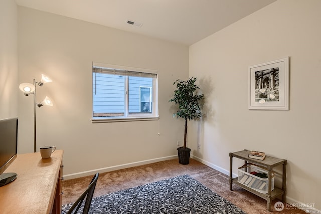 office area featuring carpet floors, visible vents, and baseboards