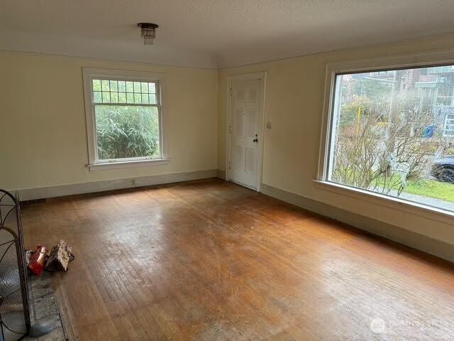 spare room with a healthy amount of sunlight, baseboards, and wood finished floors