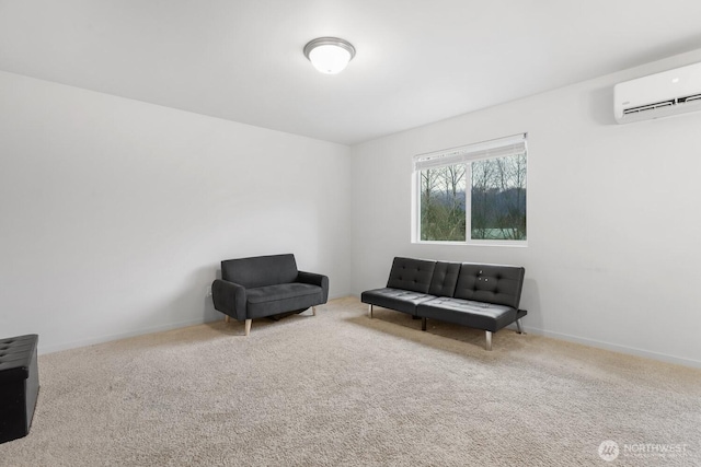 living area featuring carpet, a wall unit AC, and baseboards