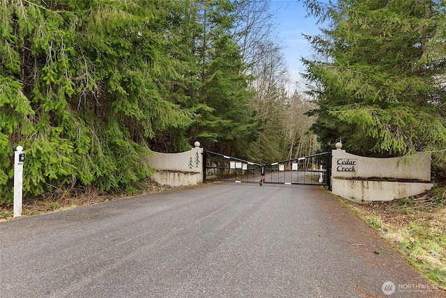 view of road featuring a gate, a gated entry, and aphalt driveway