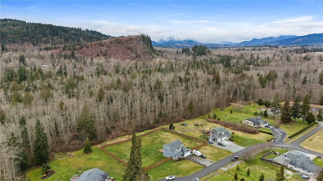 bird's eye view with a mountain view and a view of trees