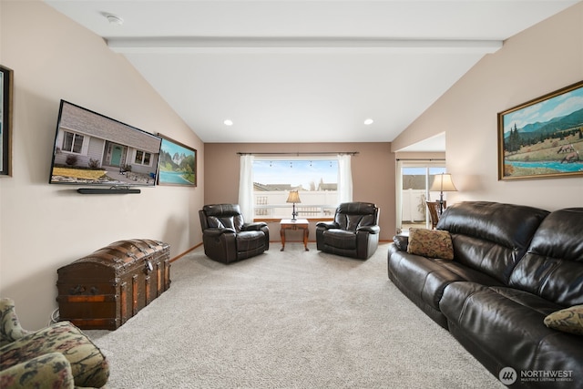 living room with carpet floors, recessed lighting, and lofted ceiling with beams