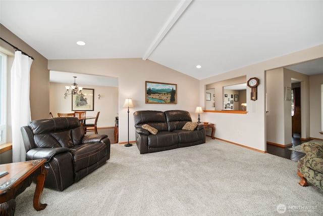 living room with carpet floors, recessed lighting, lofted ceiling with beams, an inviting chandelier, and baseboards