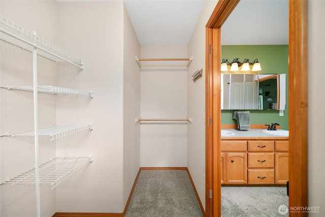 walk in closet with carpet floors and a sink