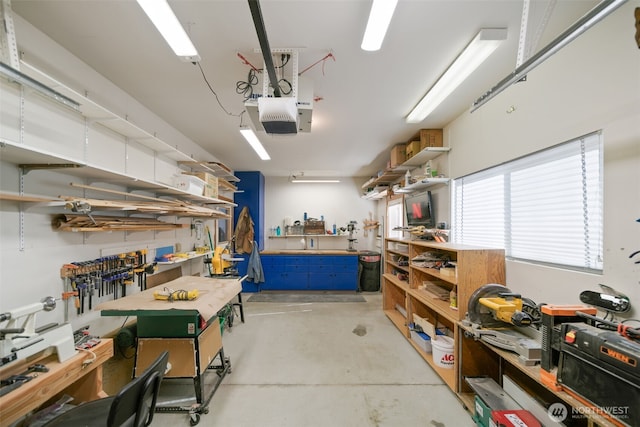 garage featuring a workshop area and a garage door opener