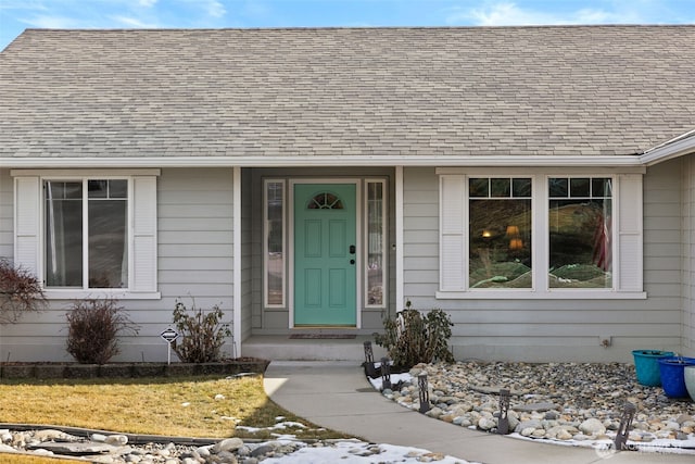 view of exterior entry featuring roof with shingles