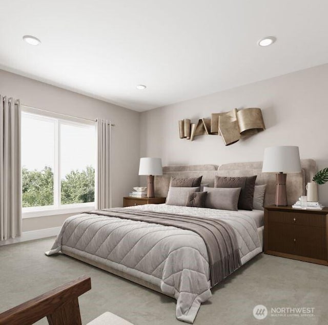 bedroom with recessed lighting and light colored carpet