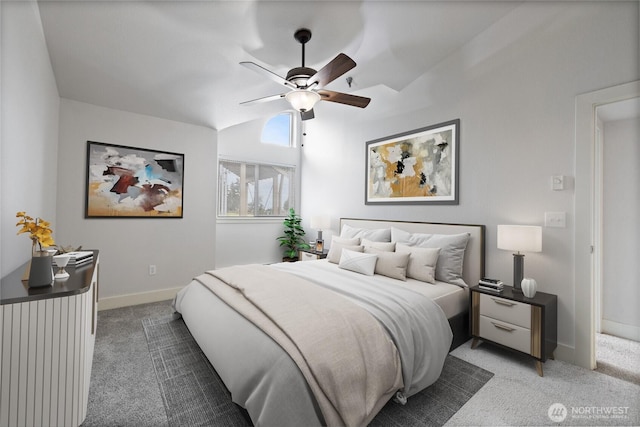 carpeted bedroom featuring lofted ceiling, ceiling fan, and baseboards