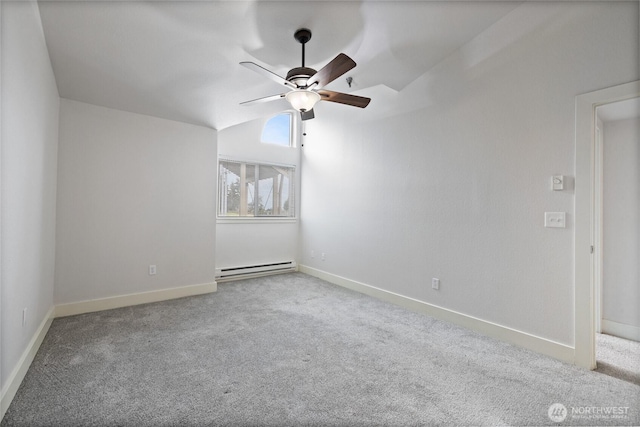 unfurnished room with light carpet, a baseboard radiator, a ceiling fan, and lofted ceiling