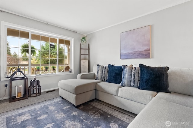 living area with carpet floors, ornamental molding, and baseboards