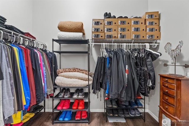 walk in closet with wood finished floors