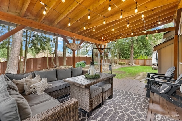 view of patio with a fenced backyard, a deck, and outdoor lounge area