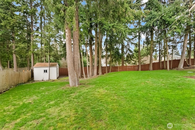 view of yard with a storage unit, an outdoor structure, and a fenced backyard