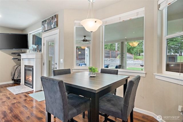 dining area with a wealth of natural light, a glass covered fireplace, baseboards, and wood finished floors