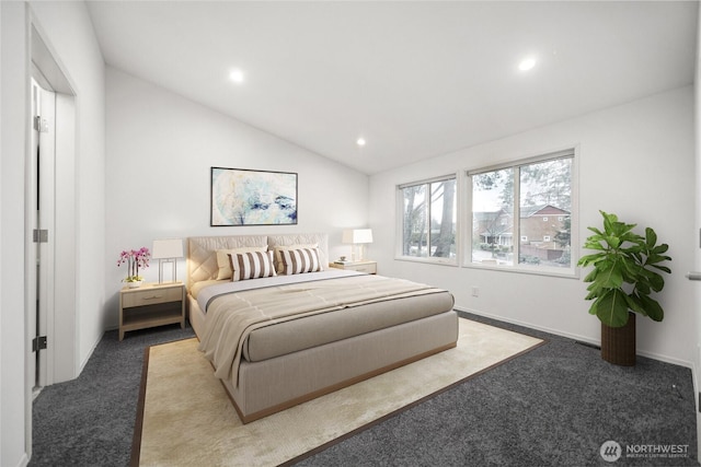 bedroom with lofted ceiling, baseboards, dark carpet, and recessed lighting