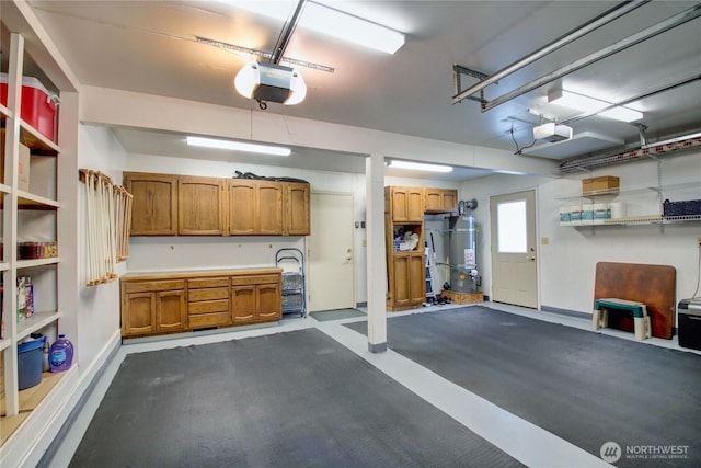 garage with water heater, baseboards, and a garage door opener