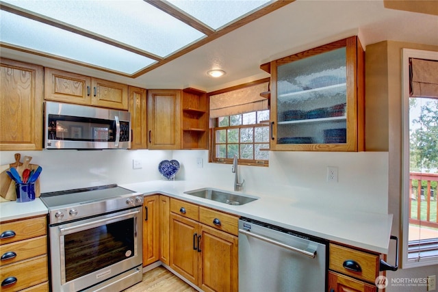 kitchen featuring a healthy amount of sunlight, stainless steel appliances, a sink, and light countertops