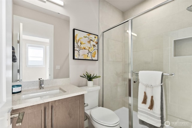 full bathroom with toilet, vanity, and a shower stall