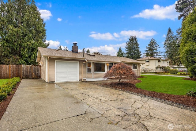 ranch-style house featuring concrete driveway, a chimney, an attached garage, fence, and a front lawn