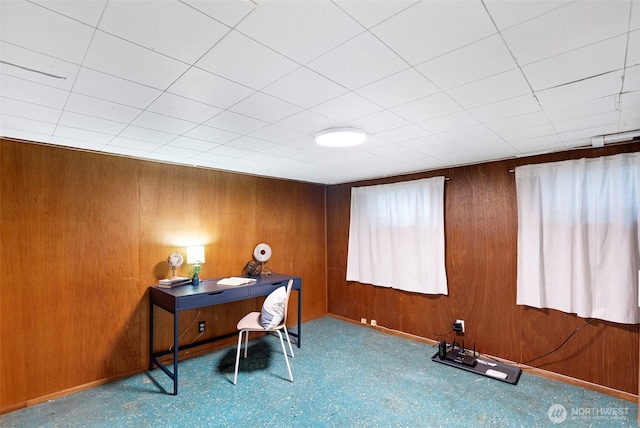 office area featuring wood walls and baseboards