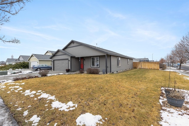 view of front of home featuring a garage, a front yard, fence, and driveway