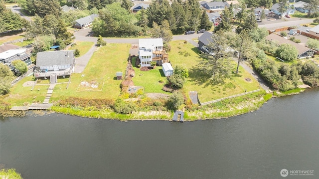 aerial view featuring a water view and a residential view