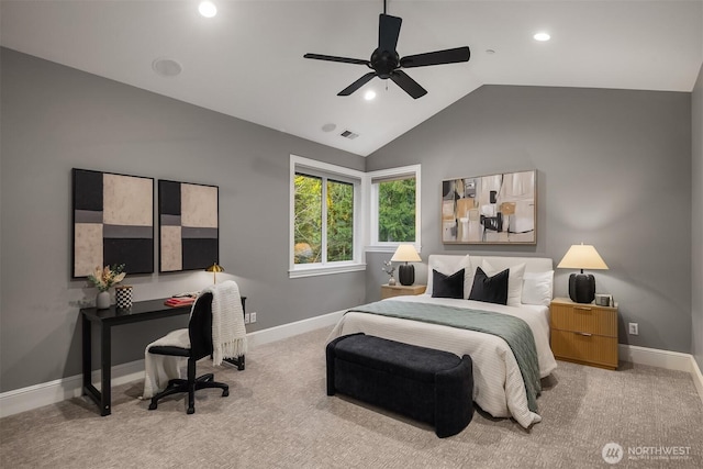 bedroom featuring lofted ceiling, carpet, visible vents, and baseboards