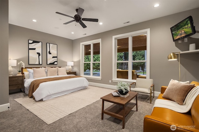 bedroom featuring carpet floors, recessed lighting, visible vents, ceiling fan, and baseboards