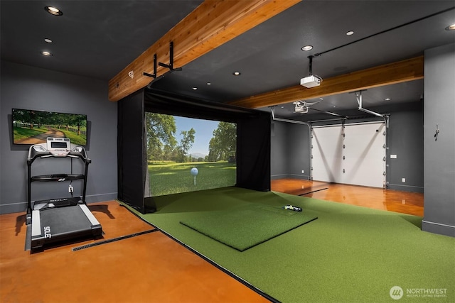 rec room featuring golf simulator, beam ceiling, and baseboards