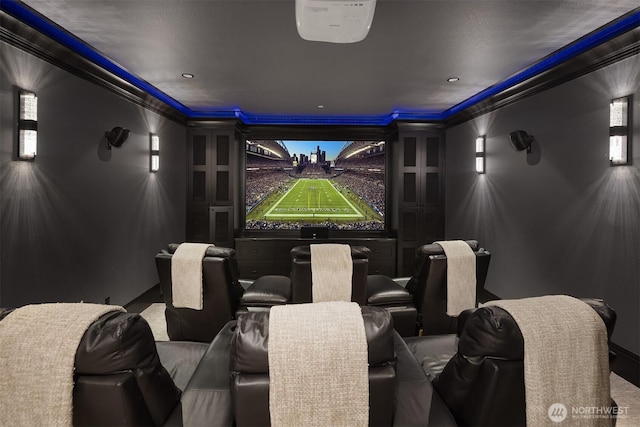 home theater featuring ornamental molding