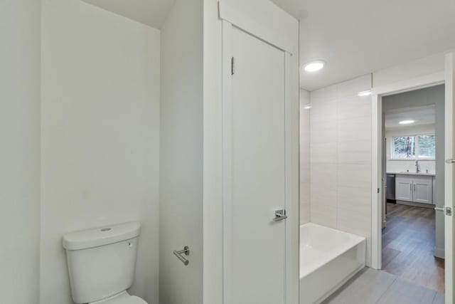 bathroom featuring a sink, toilet, and wood finished floors