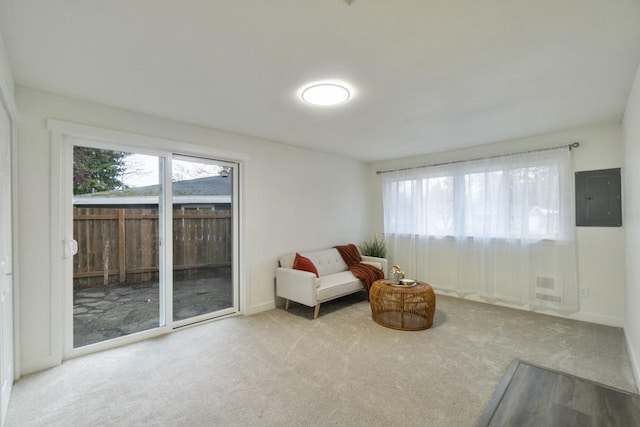 living area with carpet floors, a healthy amount of sunlight, electric panel, and baseboards