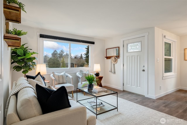 living area featuring baseboards and wood finished floors