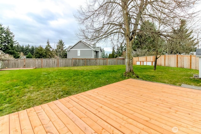 deck featuring a fenced backyard and a lawn