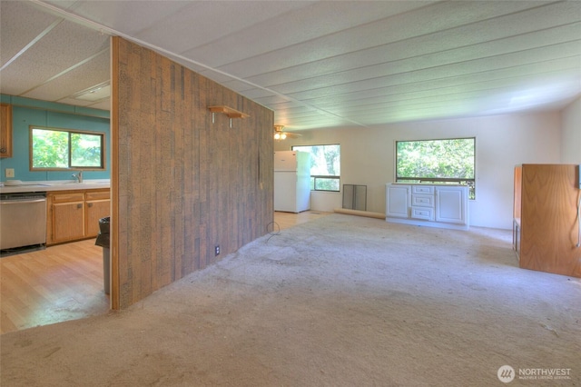 empty room with wooden walls and light colored carpet