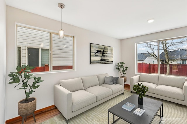 living area featuring baseboards and wood finished floors