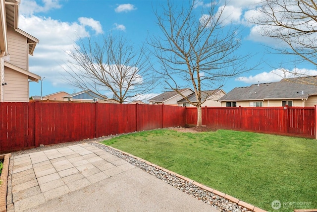 view of yard with a fenced backyard and a patio