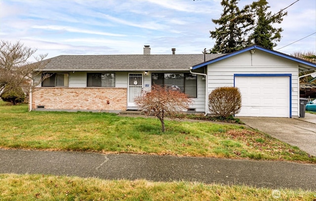 single story home with concrete driveway, a chimney, an attached garage, a front lawn, and brick siding