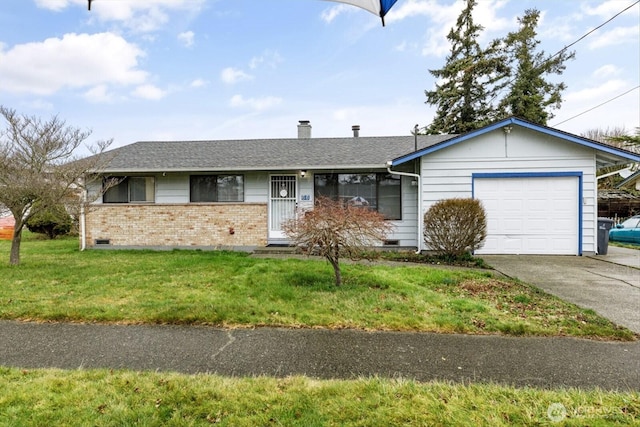 ranch-style house with driveway, a chimney, an attached garage, a front lawn, and brick siding