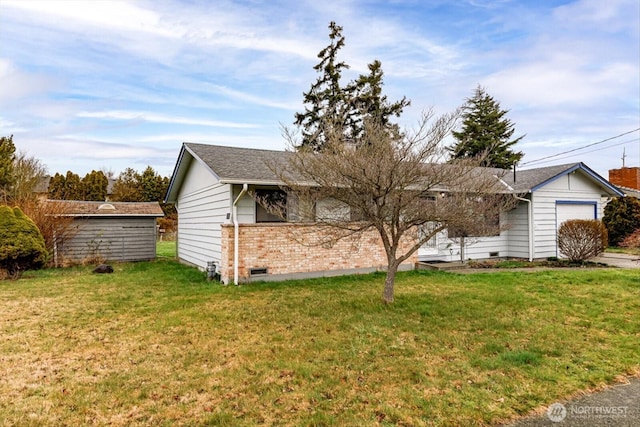 ranch-style home with a garage, brick siding, roof with shingles, crawl space, and a front lawn